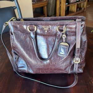 Prada Vitello Shine 2 Way Leather Tote Shoulder Crossbody Bag Brown Unisex